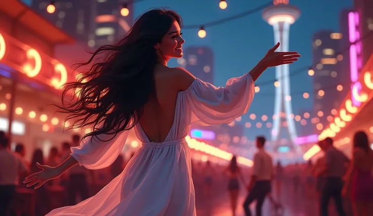 GTA San Andreas　 long haired white dress 　 very cute and beautiful dark-haired girl　Woman who looks like dancing at a club 　smile　City Night　A row of buildings 　big building 　 from behind 　Red and beautiful