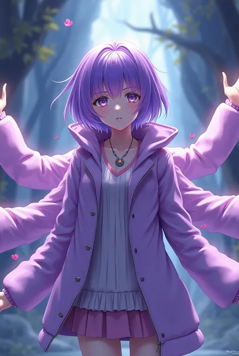 Purple-haired anime girl with purple jacket and 6 arms 