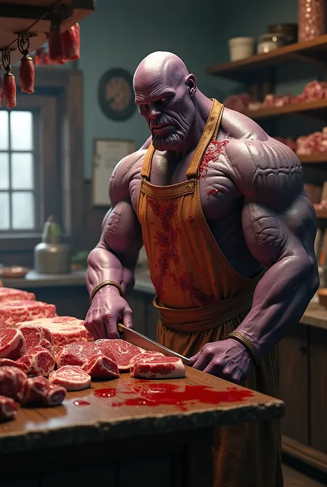  Create Thanos cut meat, in a meat shop ,