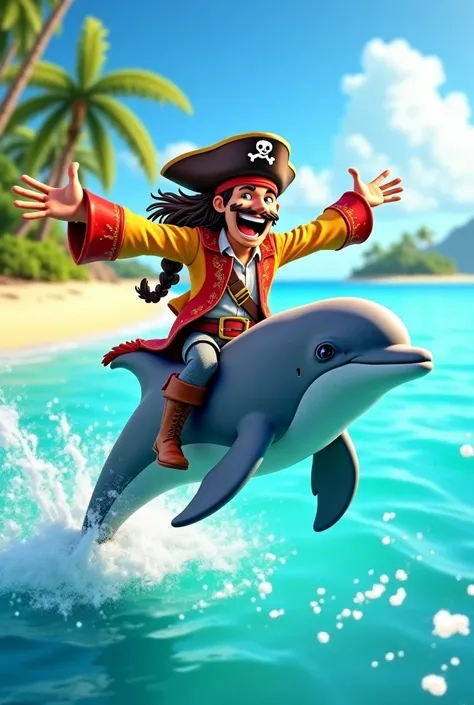  vivid and playful scene depicting a charismatic pirate with long braided hair, a tricorn hat adorned with feathers, and a colorful outfit, riding joyfully on the back of a leaping dolphin. The dolphin glides through crystal-clear turquoise water, with sun...