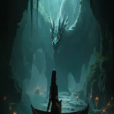 femme arafée dans un bateau dans une grotte avec un dragon, encore dun film fantastique, dragon en arrière-plan, Je viens de voir un énorme dragon, dragon d&#39;eau,  Raya et le dernier dragon etc , jormungandr, teenage girl chevauchant un dragon, chevauch...