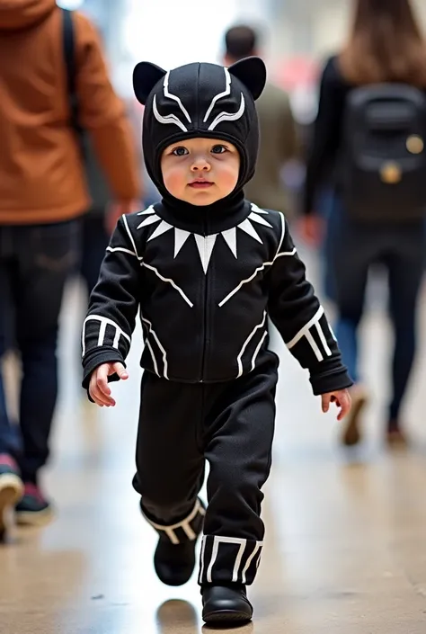 Cute baby in a Black Panther costume walking in a public fashion show.