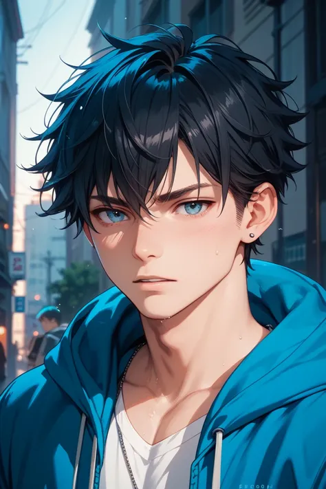 The man is wearing a blue hoodie, has messy black hair and a gloomy expression just ordinary