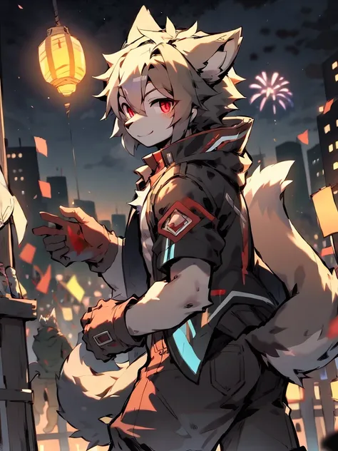 masterpiece,   is the best quality ，young wolf  ，male，  Height 175，25 years old,，  furry，In good health，thin，Gundam，  Blood Conjurer  ，hair（  mostly gray   ， Red decoration ）， Crimson pupils ，black衬衫，Big Tail，  plush toy tail  ，Back of jacket  （black， Wear...