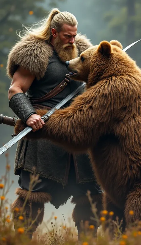 GREAT VIKING WARRIOR WITH GOLDEN HAIR AND BEARD FIGHTING WITH A BEAR