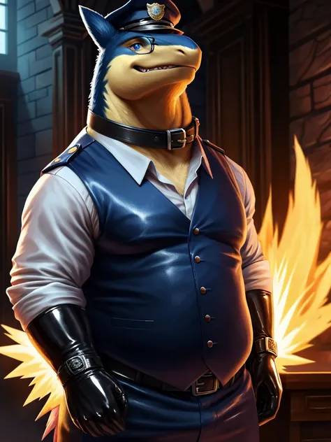 Solo, Male, close up, fat, extremely obese, gentleman, dapper Typhlosion, blue eyes, (soft shading), 4k, hi res, ((detailed face, detailed)), looking at viewer, evil grin, police station, collared shirt with buttons, hat, male focus, Police Uniform, glasse...