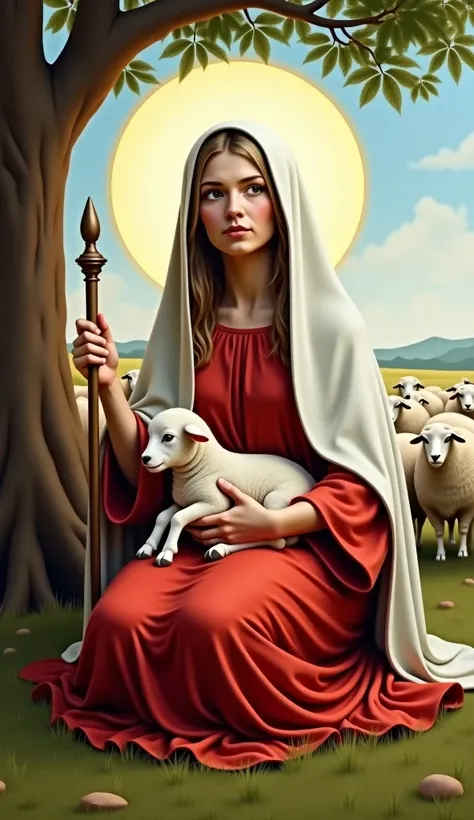 Oil painting, full-length portrait of a young woman wearing a red tunic and a white cloak covering her head, she is sitting under a tree, in a field full of sheep, in one hand she holds a shepherds staff and in the other a lamb, using soft textures and pas...