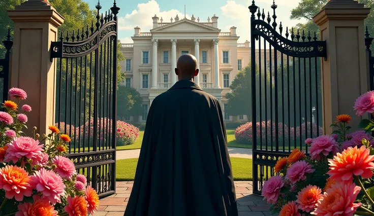 A real picture showing a black man wearing beautiful black soot, having skinhead without hair, knocking on the higher gate of a beautiful mansion surrounded by beautiful flowers 