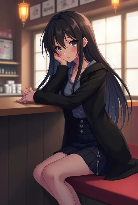 
anime girl sitting on 침대 with black hair and black jacket, a picture by Jin Homura, pixiv, shin hanga, seductive anime girl, guweiz, artwork in the style of guweiz, fine details. girls frontline, attractive anime girl, anime moe artstyle, anime girl weari...