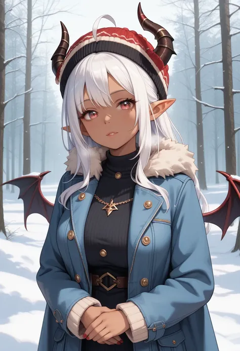 1woman,pink eyes,small eyes,Beautiful Scarlet hair,long hair,ahoge,straight hair,big breasts, coat, knitted hat, winter clothes, white breath, winter, winter cold sky,dark skin,devil wings,devil horn, elf ears, white hair, red eyes, fantasy outfit, forest ...