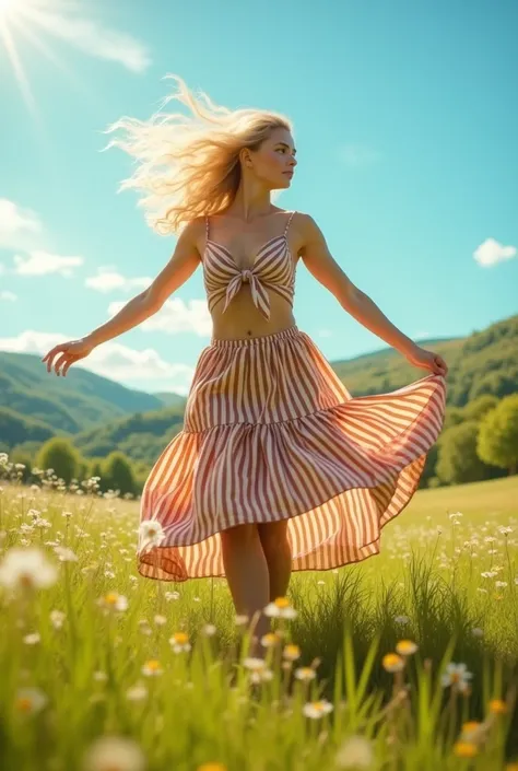 Big breast Boho Breeze
Blonde perfect body 
Outfit:student outgit with Striped Detail

Pose: Spinning lightly with the skirt flowing, looking over her shoulder. Field