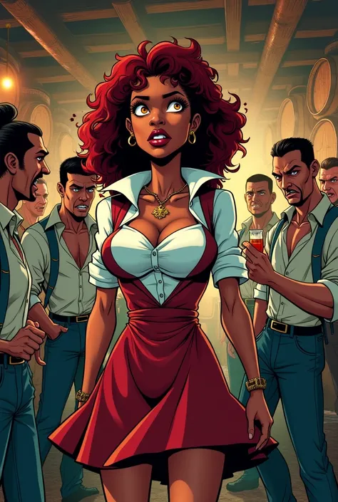  Create a comic cartoon style image in a pirate bar setting of a black woman with medium curly red hair,  yellow eyes , wearing a waitress dress in which she is in a fight with men 