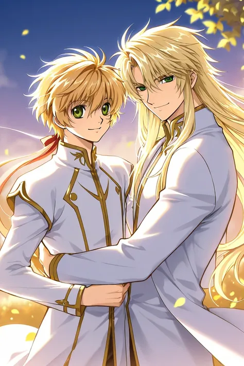 A student boy that is tall with Blond hair and green eyes, hes handsome and nice wearing white clothes. Strong. Different sides Character sketch. Smiling. CLAMP Tsubasa Chronicles drawing style. 