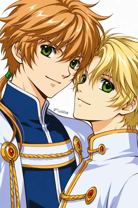 A student boy that is tall with Blond hair and green eyes, hes handsome and nice wearing white clothes. Strong. Different sides Character sketch. Smiling. CLAMP Tsubasa Chronicles drawing style. 