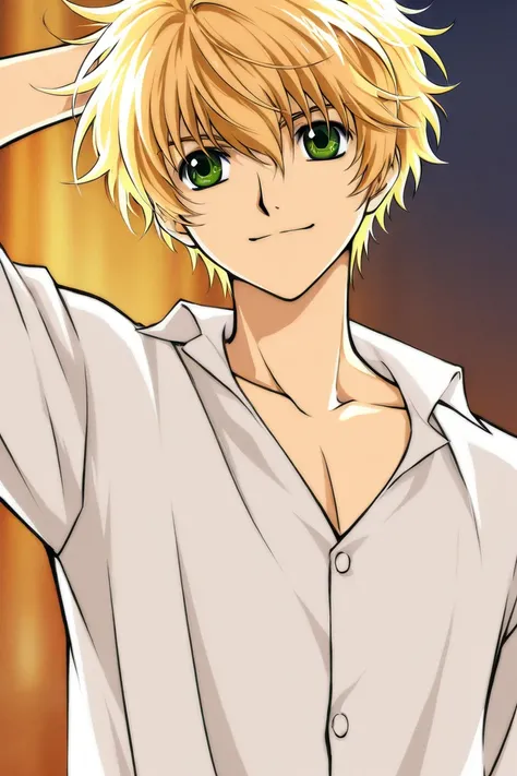 A student boy that is tall with Blond hair and green eyes, hes handsome and nice wearing white clothes. Strong. Different sides Character sketch. Smiling. CLAMP Tsubasa Chronicles drawing style. 