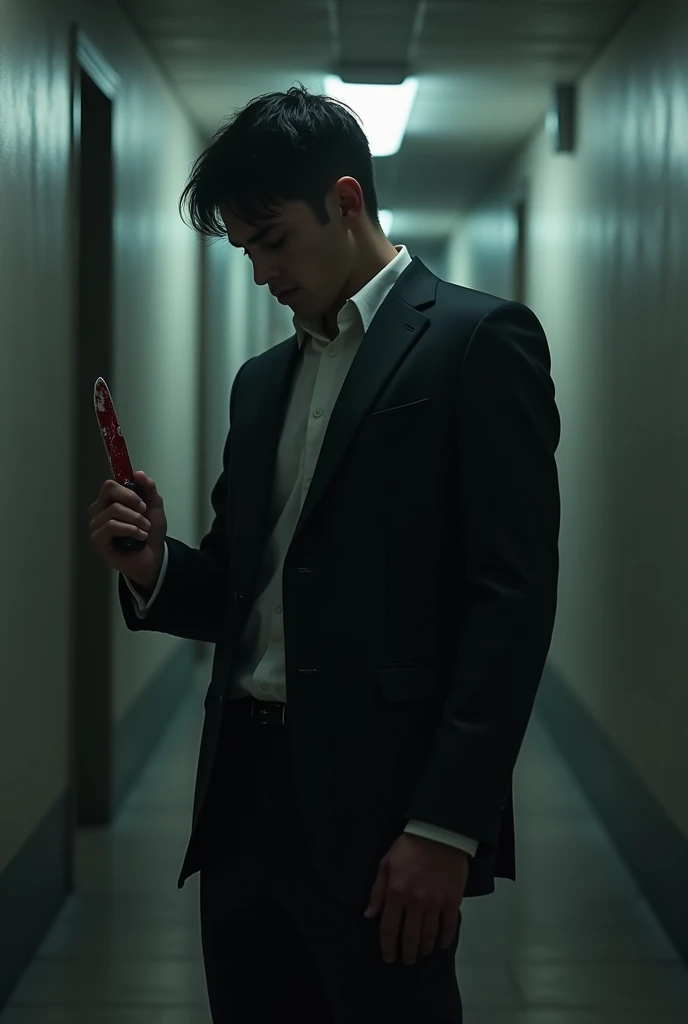 A man with short black hair and dark black eyes in a suit with dark black eyes looks at the bloody knife in his hand in an empty hallway
