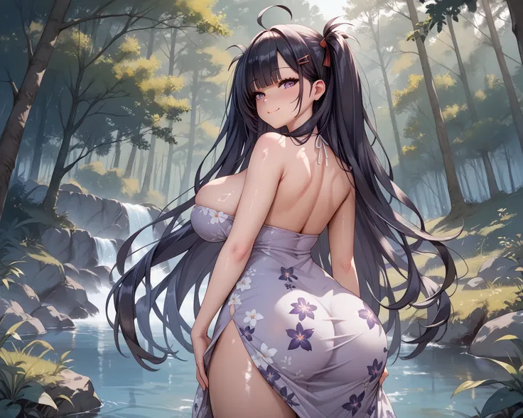 score_9_up, score_8_up, score_7_up, 1girl, solo, source_anime, glossy skin , shiny skin, Z11_(Azur Lane), purple eyes, very long hair, two side up, black hair, red hairclip, hair tie BREAK 

Big breasts, ahoge, hourglass figure, hips, floral-print sundress...