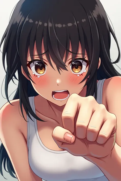  Make a Tokyo Revengers style anime girl, Crying staring intently over here ,  squeezing her fingers in the shape of a punch , wearing a white tank top.