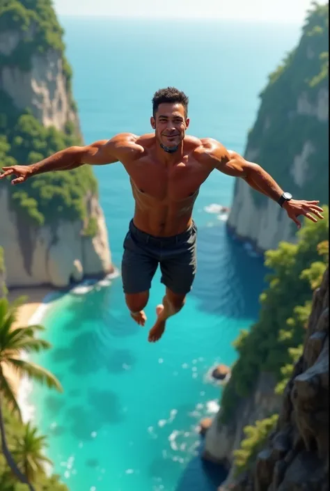 uPhoto hyperrealistic digital art high definition quality 4K 8K A man jumps off a cliff on a tropical island, il sourit au spectateur en tombant dans le vide