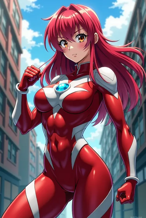 My Hero Academia Style , Anime girl, female, young female ,Full Body Shot,(fighting Pose:1.3),Long hair, Red Hair,  Brown Eyes,Hero Suit, Full Body Suit, red suit with white details,small round blue jewel in the center of the chest, perfect anatomy,  Tough...