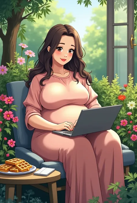 voluptuous figure housewife  anime women  beöig belly  waffels  garden notebook laptop 