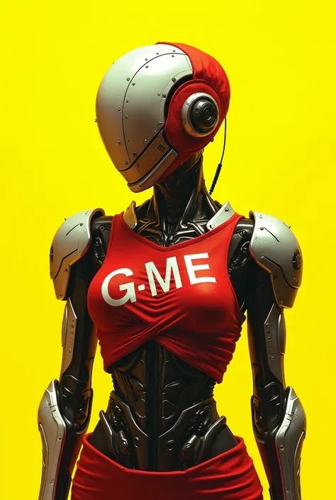 yellow background,  has a red bandage with the GME lettering, cyborg 