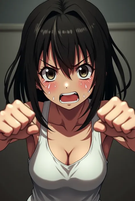  Make a Tokyo Revengers style anime girl,  crying with lots of tears, staring intently over here ,  squeezing her fingers in the shape of a punch , wearing a white tank top.