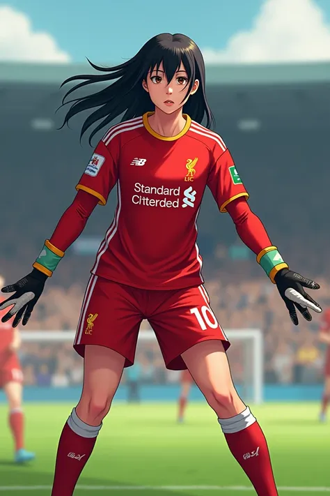 Create the image of a Liverpool football goalkeeper, with straight black hair, brown eyes, 2D anime style.