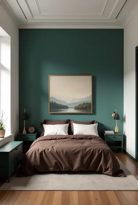  Double bedroom  ,two bedside tables , with teal back wall  ,piumone color dark brown , white wall, In front of the left side of the bed is a dark green chest of drawers placed on the floor with a large rectangular modern oil painting hanging on it with a ...