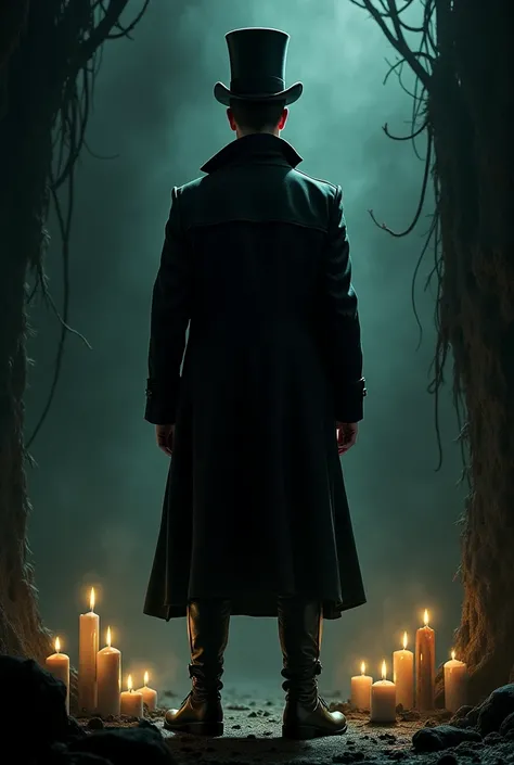 A tall man dressed in a long dark coat,  hat top hat and high boots .  He stands in a dark and gloomy setting , with candles burning around him .  The art is stylized and has a mysterious and dramatic atmosphere .