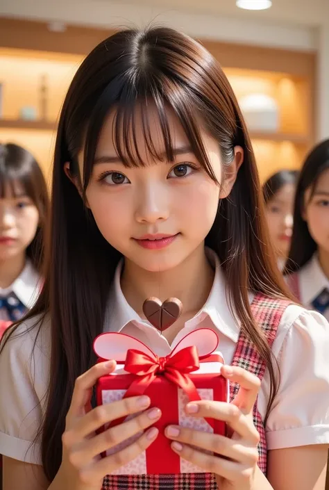      one girl is playing obscene   、  cute, (     cute girls ,     Delicate Girl:1.3),(((blouse,  With a plaid skirt in one hand   :1.5))),    Valentines Day,    beautifully wrapped gift   , Heart-shaped chocolate    ,   Couple Holding Hands    、    A warm...