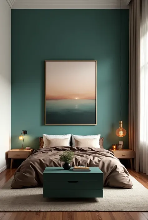  Double bedroom  ,two bedside tables , with teal back wall  , dark brown duvet , white wall, In front of the left side of the bed and dark green chest of drawers placed on the ground large rectangular modern oil painting with golden frame,dark brown wooden...