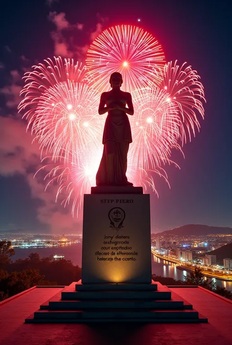 fireworks illuminate the statue of La Pola in the city of Piura Peru with the inscription of "