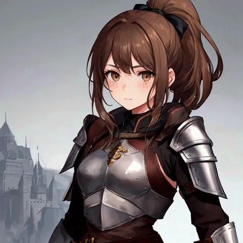 woman, brown hair, Ponytail,Warrior,grey armor ,Freckles,Brown Eyes, fantasy