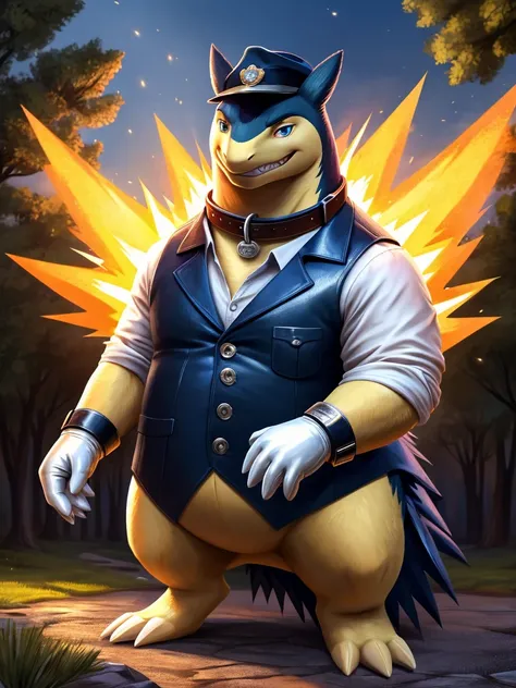 Solo, Male, close up, fat, extremely obese, gentleman, dapper Typhlosion, blue eyes, (soft shading), 4k, hi res, ((detailed face, detailed)), looking at viewer, evil grin, Park setting, collared shirt with buttons, hat, male focus, Park Ranger Uniform, gla...