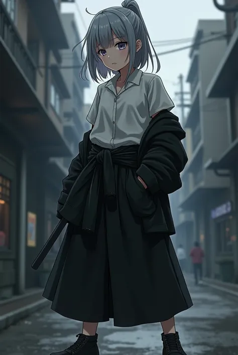 A 17-year-old teenager with gray hair half-tied in samurai style,  wearing a knee-length white blouse, black pants, black shoes, and a black jacket tied around the waist, looking like a character from the anime Tokyo Revenger