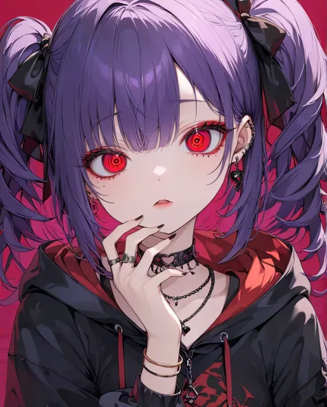 1girl,AIU,Black orange goth punk fashion,Red eyes, crazy eyes, Huge, Twin tails, half closed eyes、gal、Confused eyes、violet Hair, hoodie, Vintage Gothic, Pose, cute, Face Up, high quality, necklace, ring, bracelet, Earrings,beautiful skin,masterpiece,best q...