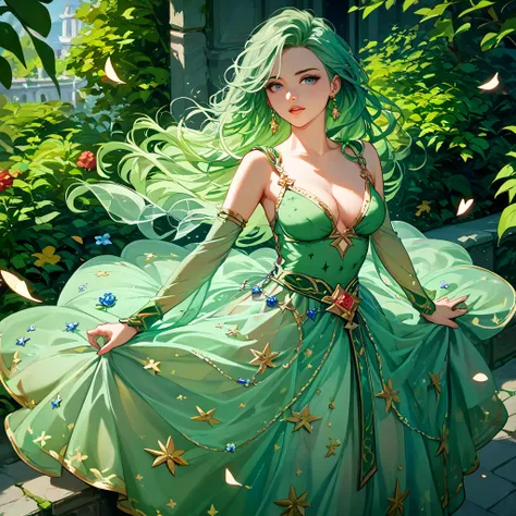 (( top quality )), ((masterpiece)), ( Details), （perfect face）、Green-haired Lydia with semi-long hair is wearing a see-through dress