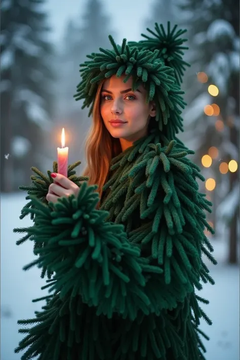 Im wearing a green Christmas tree coat ,  there is a lot of snow and blue fir trees , , lights shine on them ,  in my hand I have a burning Bengal candle ,  in the photo narisano Lilia Kuzenko Permanent Makeup Studio School wishes you a Happy New Year 2025...