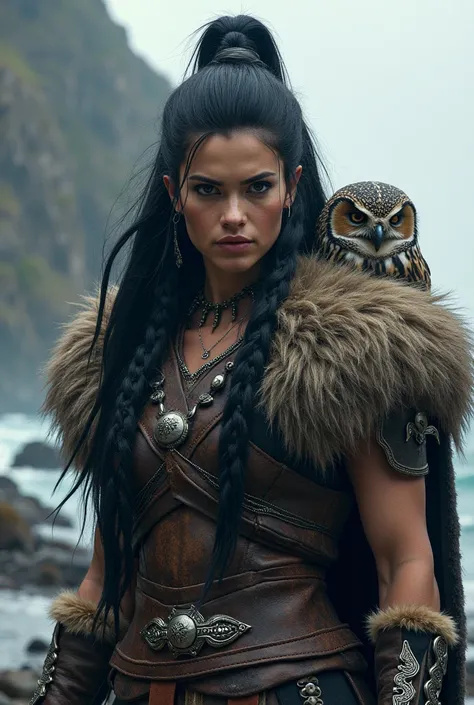 Black-haired Viking warrior woman with a white tuft with an owl 
