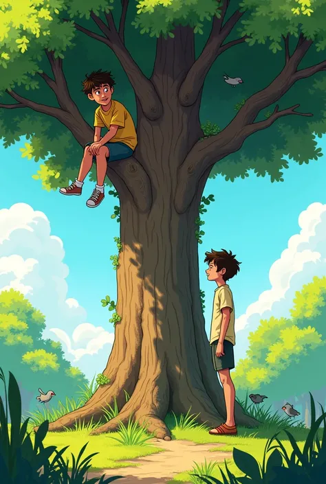  A 16-year-old boy on top of a tree and a girl talking to him downstairs ..Animation studied comic book 