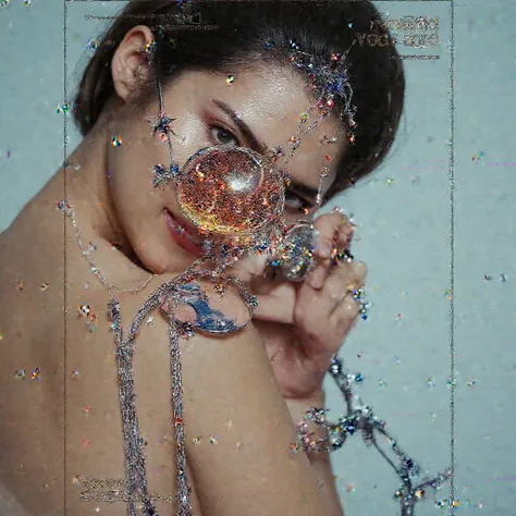 The model is wearing glass sunglasses with stars and the moon on the glass