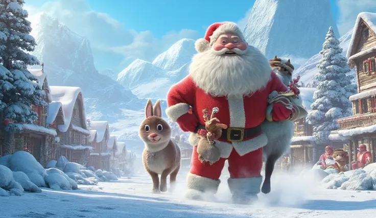 Create a Santa Claus in a red suit. Let there be a big red-nosed reindeer, a big rabbit and a big polar bear. In the background, polar streets covered with snow and glaciers can be seen.