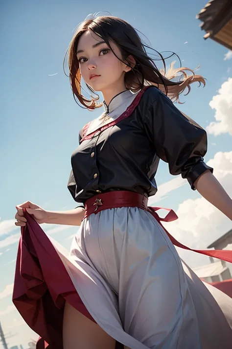 20-year-old peasant girl ,  dress too short the strong wind lifting her dress and shows her gender. She doesnt care about that .