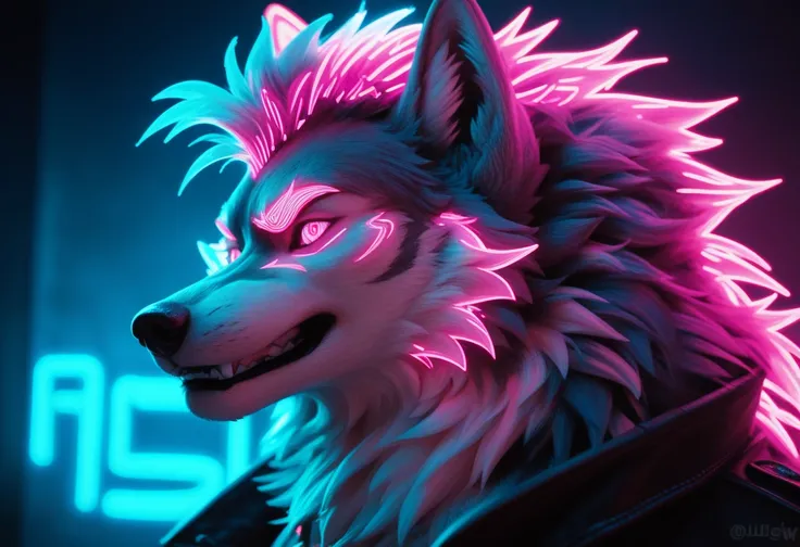 a wolf with glowing eyes and glowing hair in the dark, ultraviolet and neon colors, digital art animal photo, wolf, fantasy wolf portrait, blue wolf, photo of wolf, neon art style, angiewolf, neon digital art, wolf head, intricate artwork. neon eyes, omg, ...