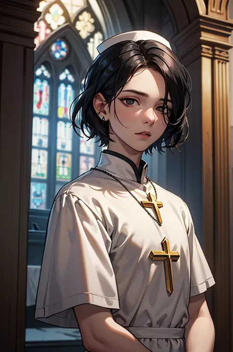 realistic, extremely detailed CG unity 8k wallpaper, ((ultra-detailed)), (best illustration), ((an extremely delicate and beautiful)), masterpiece, (slender, guy), black hair, Very short hair, black eyes, ((rape eyes)), Priest, church, (portrait)