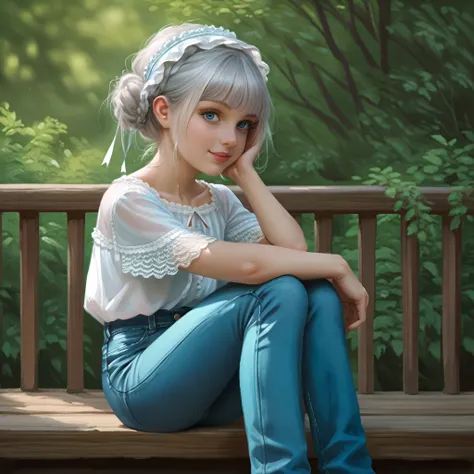 ((( Sitting with her legs wide open ))), , (( female adolescent )), (((tight blue jeans,))),,clear face,  cute teen girls, perfect anatomy , happy smile,winking, ,  short silver hair ,Blue eyes,  realistic  face,  realistic ,, small chest, ((lolita)),