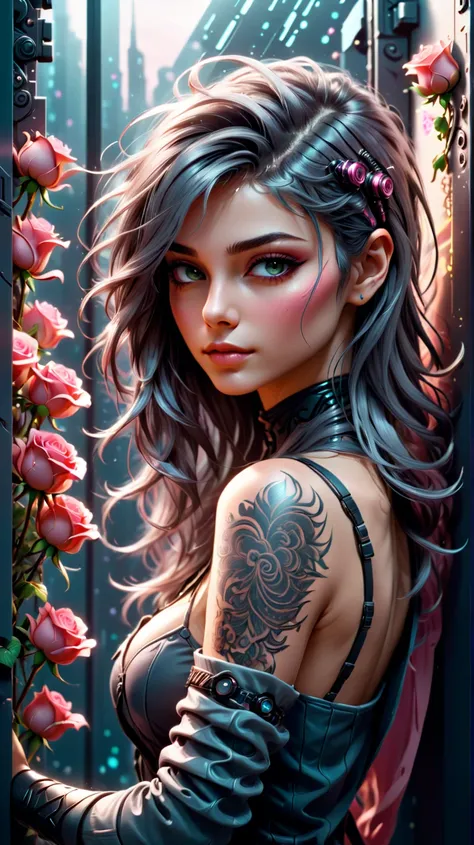 a close-up:1.4, ((dark gray panel width borders:1.5, a sensual and beautiful young woman trying to get out of the panel:1.5)), sensual smile, with a tattoo on her arm and cheek cyberpunk hairstyle with a lock of pink hair, beautiful cyberpunk girl, beautif...