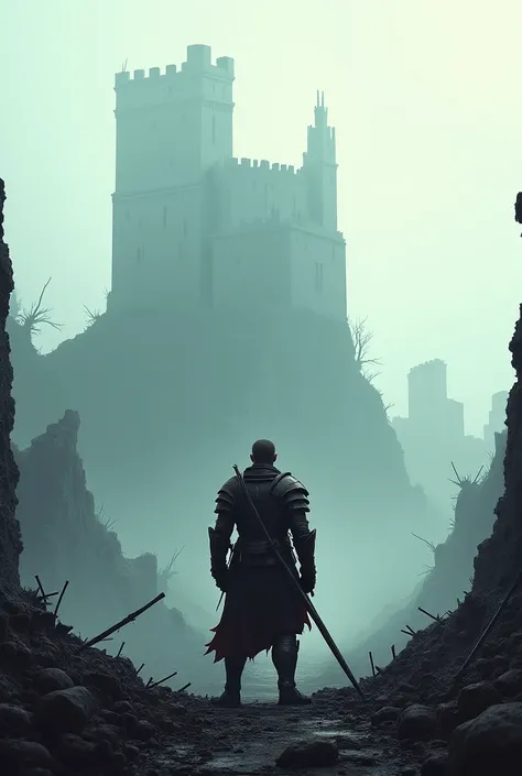 A castle after a war and a single warrior standing 