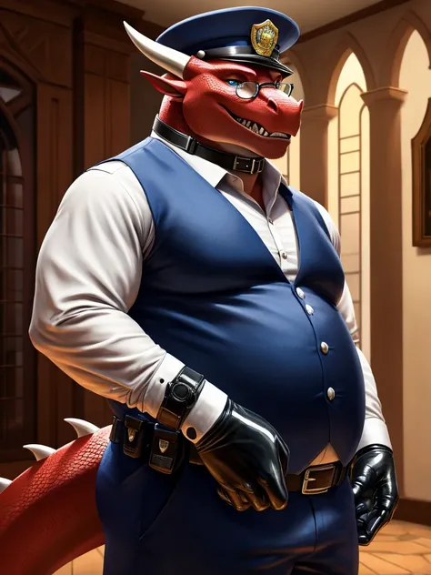 Solo, Male, side view, fat, extremely obese, gentleman, dapper Dragon, blue eyes, (soft shading), 4k, hi res, ((detailed face, detailed)), looking at viewer, evil grin, police station, collared shirt with buttons, hat, male focus, Police Uniform, glasses, ...